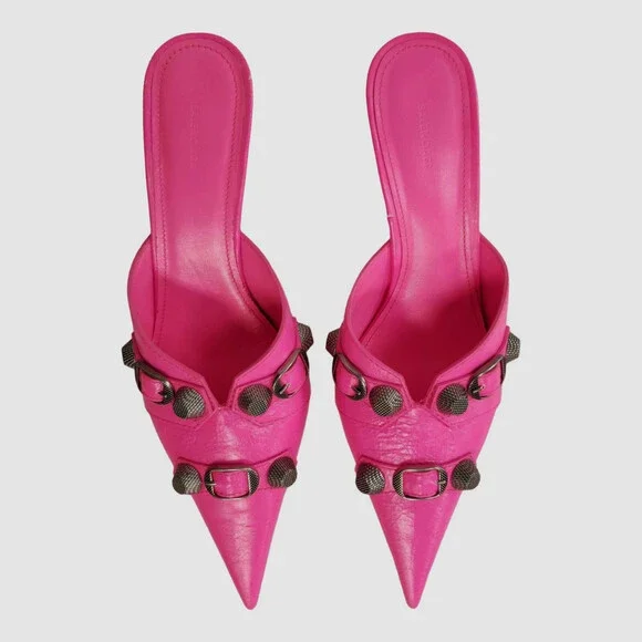 $1150 Balenciaga Women Pink Cagole Leather Pointed-Toe Mule Heel Shoes Size 38.5 - Picture 3 of 8